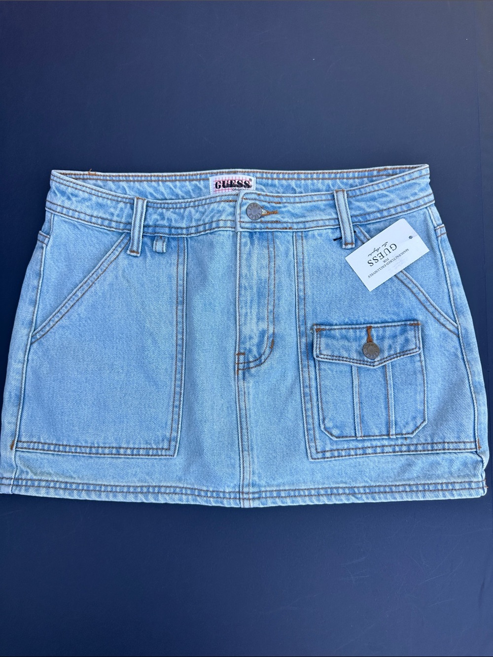 New GUESS ORIGINLAS Light Wash Denim Mini Skirt with Pocket Detail